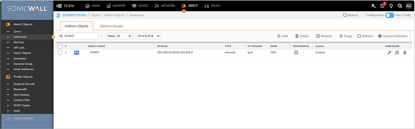 Screenshot of Dell sonicwall address objects page
